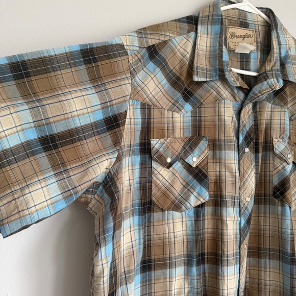 Wrangler Western Fashion Pearl Snap Shirt Mens XL Short Sleeve Brown Blue Plaid - Picture 3 of 6